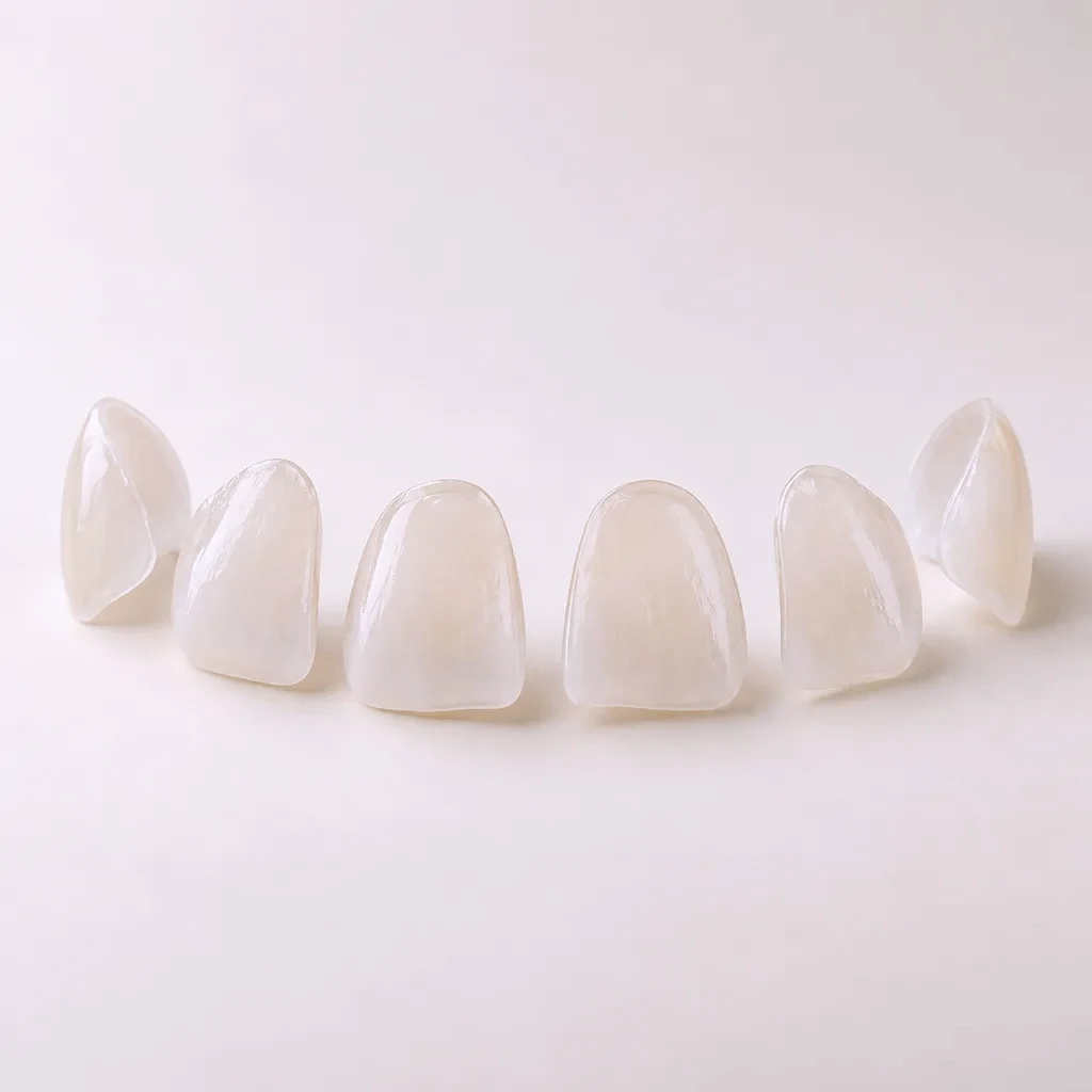 A row of thin porcelain veneer shells (illustrative render)